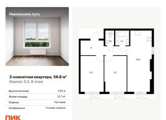 2-комнатная квартира на продажу, 56.6 м2, Москва, станция Щербинка