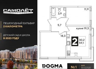 Двухкомнатная квартира на продажу, 59.1 м2, Краснодар, Прикубанский округ