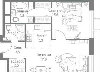 Двухкомнатная квартира на продажу, 52.4 м2, Москва, метро Молодёжная