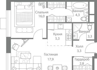 2-ком. квартира на продажу, 53.6 м2, Москва, метро Молодёжная