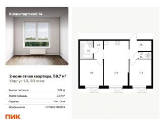 Продажа двухкомнатной квартиры, 58.7 м2, Москва, метро Водный стадион