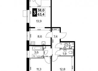 Продажа трехкомнатной квартиры, 63.4 м2, Московская область, жилой комплекс 1-й Лермонтовский, к5.1