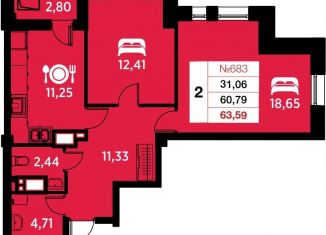 Двухкомнатная квартира на продажу, 63.6 м2, Калининград, Ленинградский район, улица Гайдара, 90