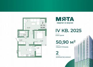 Двухкомнатная квартира на продажу, 47.7 м2, Саратов, проспект Героев Отечества, 3, ЖК Мята