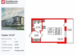 Продается квартира студия, 24.3 м2, Санкт-Петербург, метро Звёздная