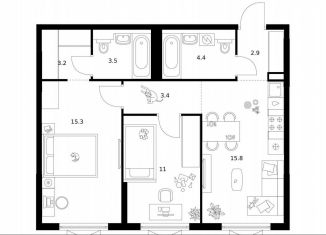 Продам двухкомнатную квартиру, 59.5 м2, Москва