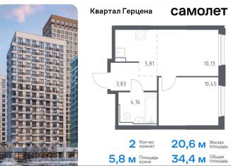 Продаю двухкомнатную квартиру, 34.4 м2, Москва, жилой комплекс Квартал Герцена, к2