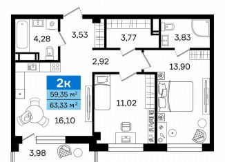 Продам 2-комнатную квартиру, 63.3 м2, Курган