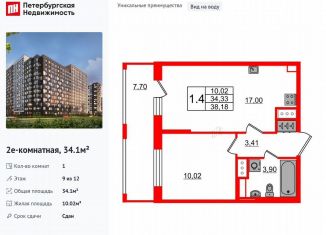 Продам однокомнатную квартиру, 34.1 м2, Санкт-Петербург, муниципальный округ Невский, Ультрамариновая улица, 5