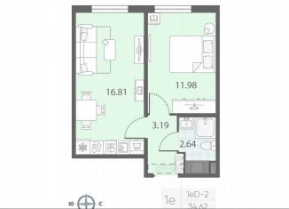 1-комнатная квартира на продажу, 34.6 м2, Санкт-Петербург, муниципальный округ Юго-Запад